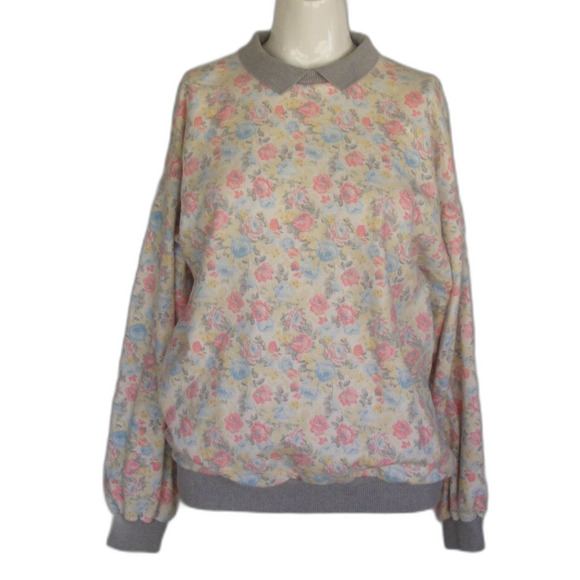 Vintage Granny Sweatshirt, L, multicolor Floral, Gray collar/cuffs, NAF NAF - Picture 8 of 13
